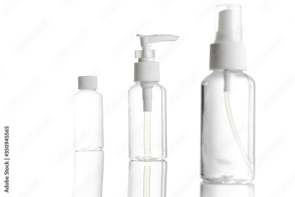 Blank bottle for soap shampoo and mineral cosmetic. Clear plastic cap for sanitizer gel or water isolated on white. Spray, pump transparent background.