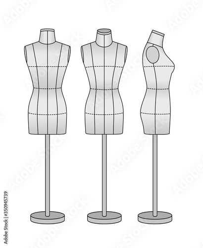 Mannequin for sewing and modeling, front, back and side. black and white.