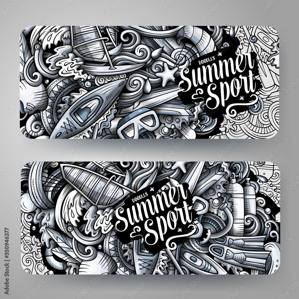Water sports vector hand drawn doodle banners design.