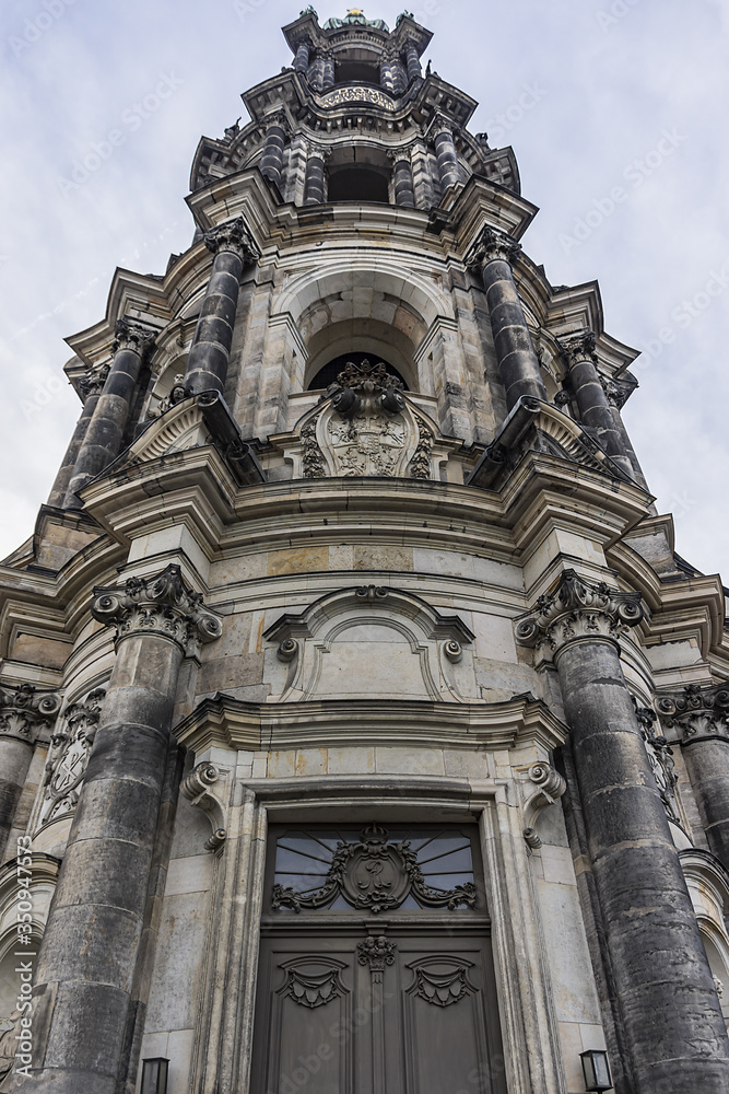 Fototapeta premium Architectural fragments of Dresden Cathedral of Holy Trinity (previously Catholic Church of the Royal Court of Saxony, 1739) - Roman Catholic Cathedral. Dresden, Germany.