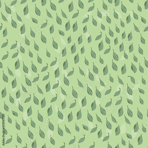 Leaves on a green background. Vector illustration. Seamless pattern with natural elements. Textile, fabric, wrapper swatch. Simple graphic design template. Endless project.