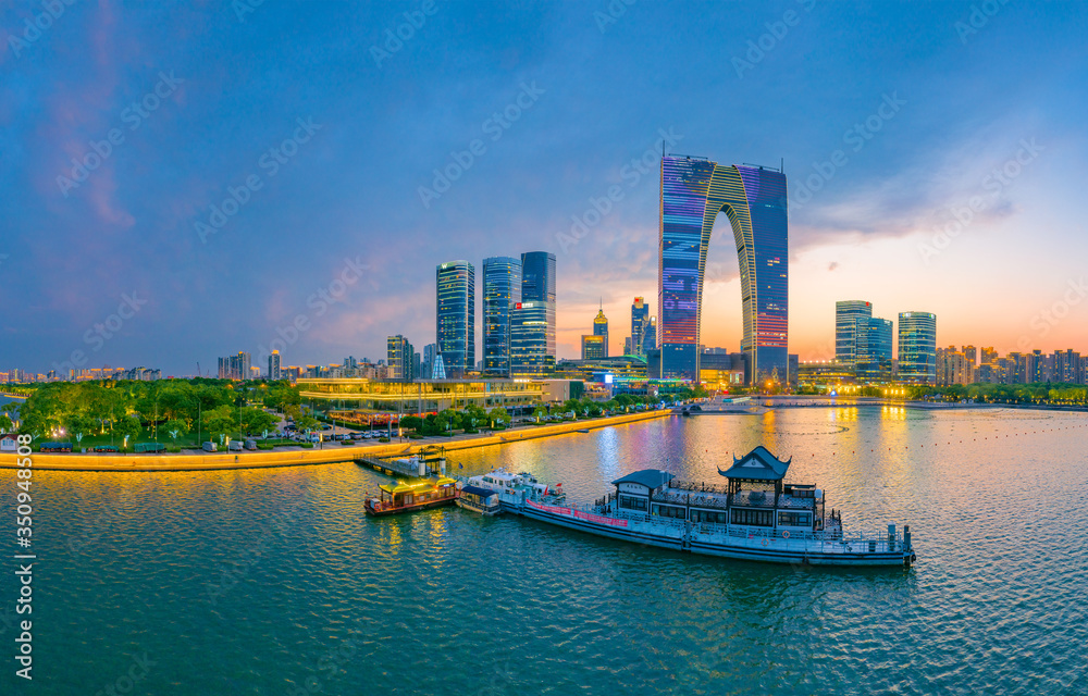 Fototapeta premium Night view of CBD City, Suzhou Industrial Park, Jiangsu Province, China