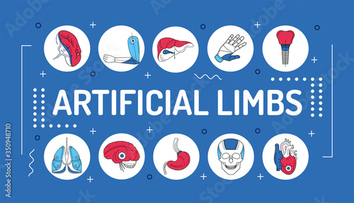 Artificial limbs word lettering typography. Prosthetic implants of different organs and parts of body. Infographics with linear icons on blue background. Isolated outline color illustration.