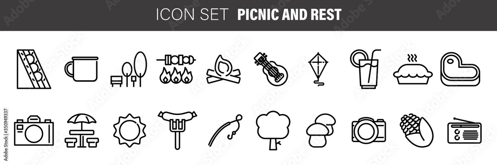 Set of black flat line vector icons for barbecue or picnic outdoor rest on white background. Set of black flat line vector icons for barbecue or picnic outdoor rest on white background.