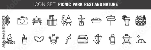 Set of black flat line vector icons for barbecue or picnic outdoor rest on white background.