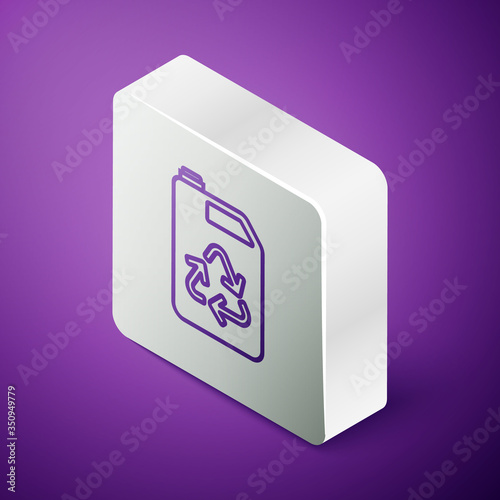 Isometric line Eco fuel canister icon isolated on purple background. Eco bio and barrel. Green environment and recycle. Silver square button