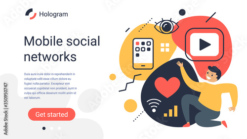 Vector creative business template with illustration of happy successful man with smart phone on color background. Social media content manager.