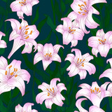 Seamless pattern with beautiful garden flowers - light pink lilies. Repetition texture with botanic objects for wrapping paper, web background or textile design. Vector illustration
