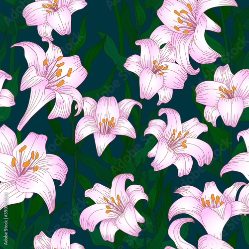 Fototapeta Naklejka Na Ścianę i Meble -  Seamless pattern with beautiful garden flowers - light pink lilies. Repetition texture with botanic objects for wrapping paper, web background or textile design. Vector illustration