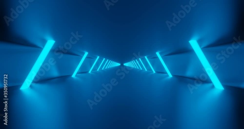 3d render loop animation of metal tunnel with blue neon light.