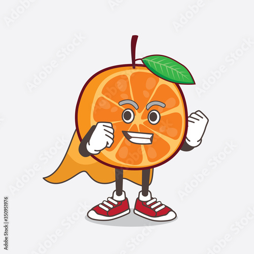Orange Fruit cartoon mascot character dressed as a Super hero