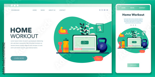 Fitness icons at home, workout at home, sports exercises online. Cross-platform develop landing page website vector template. Browser and mobile phone template with place for your text.