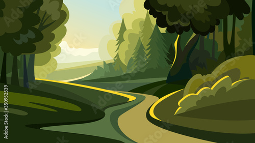 Beautiful forest landscape. Natural scenery in cartoon style.
