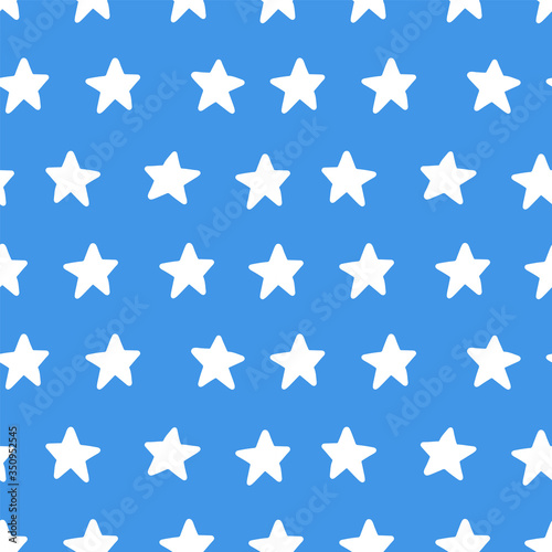 Stars on blue background seamless pattern. Vector hand drawn doodles flat illustration.