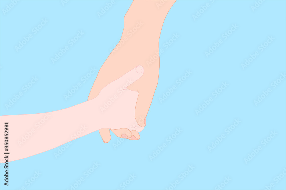 hand of child is gentle holding the hand of the mother with love and happy on the blue background. Family stay together. Holiday spending time. hand of child is gentle holding the hand of the mother with love and happy on the blue background. Family stay together. Holiday spending time.