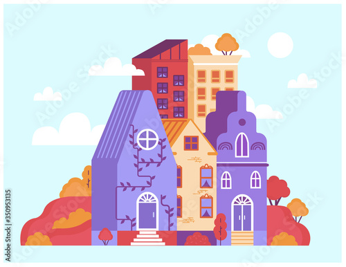 Vector illustration of town houses on a background of sky and clouds in a cute flat style.