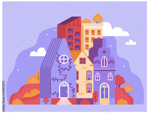 Old-style townhouses on the hills in purple hues
