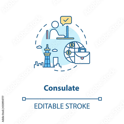 Consulate concept icon. Diplomatic mission. International organisation idea thin line illustration. Foreign country representative. Vector isolated outline RGB color drawing. Editable stroke