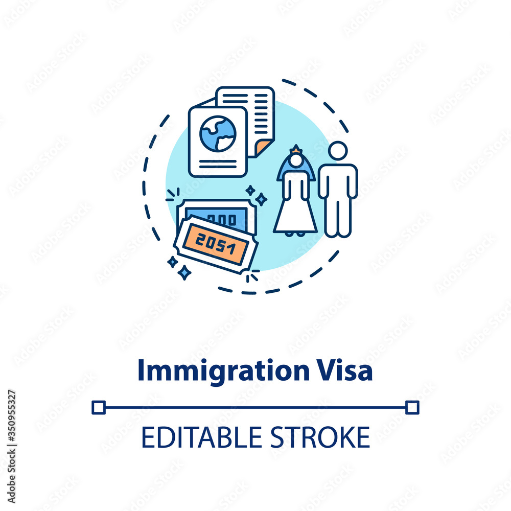 Immigration visa concept icon. Foreign country legal migration. Married couple citizenship document idea thin line illustration. Vector isolated outline RGB color drawing. Editable stroke Immigration visa concept icon. Foreign country legal migration. Married couple citizenship document idea thin line illustration. Vector isolated outline RGB color drawing. Editable stroke