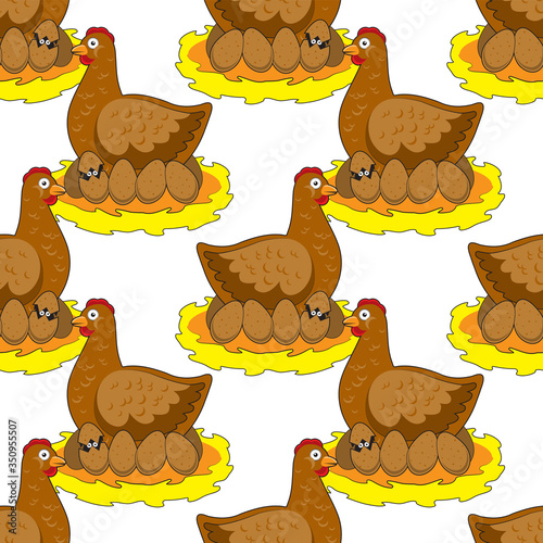 seamless pattern of chicken nest with eggs on a white background. Vector image