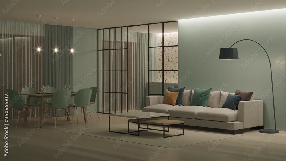 Modern house interior. Blue kitchen with terrazzo apron behind glass partitions. Night. Evening lighting. 3D rendering. Modern house interior. Blue kitchen with terrazzo apron behind glass partitions. Night. Evening lighting. 3D rendering.