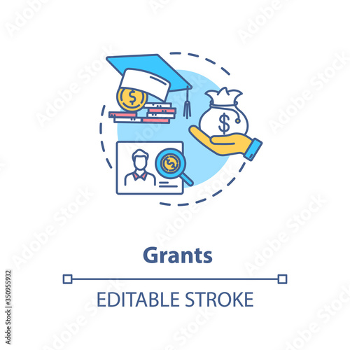 Grants concept icon. Higher education programs. Annual and monthly tuition fee. Academic degree idea thin line illustration. Vector isolated outline RGB color drawing. Editable stroke