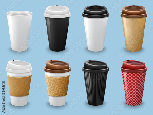 Set of realistic coffee drinking cups with lid and holder template