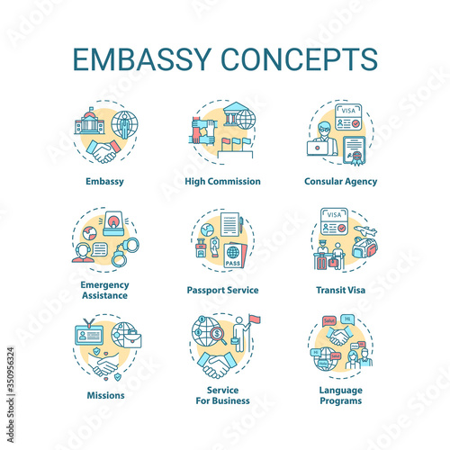 Embassy concept icons set. International relations idea thin line RGB color illustrations. High commission. Foreign affairs. Diplomatic mission. Vector isolated outline drawings. Editable stroke
