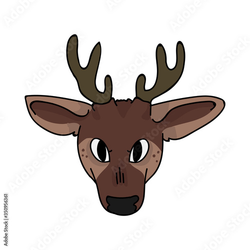 Cute woodland fawn face vector illustration. Buck deer with antlers. Childlish hand drawn doodle style. For game animal decor, boho kids fashion, trendy doodle forest graphic design. 