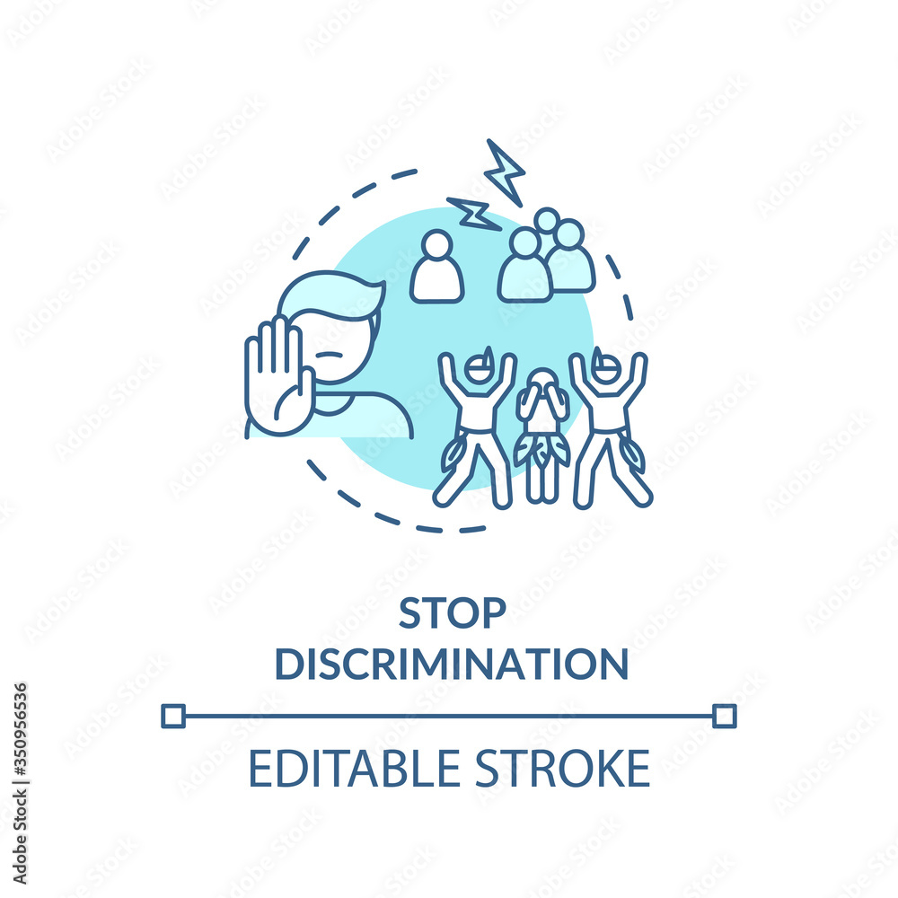 Obraz premium Stop discrimination turquoise concept icon. Respect for multi racial community. Human social right idea thin line illustration. Vector isolated outline RGB color drawing. Editable stroke