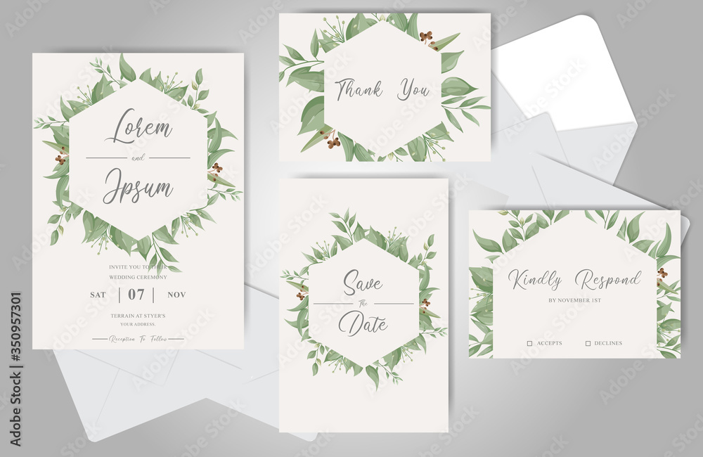 Greenery Wedding invitation cards bundle template
