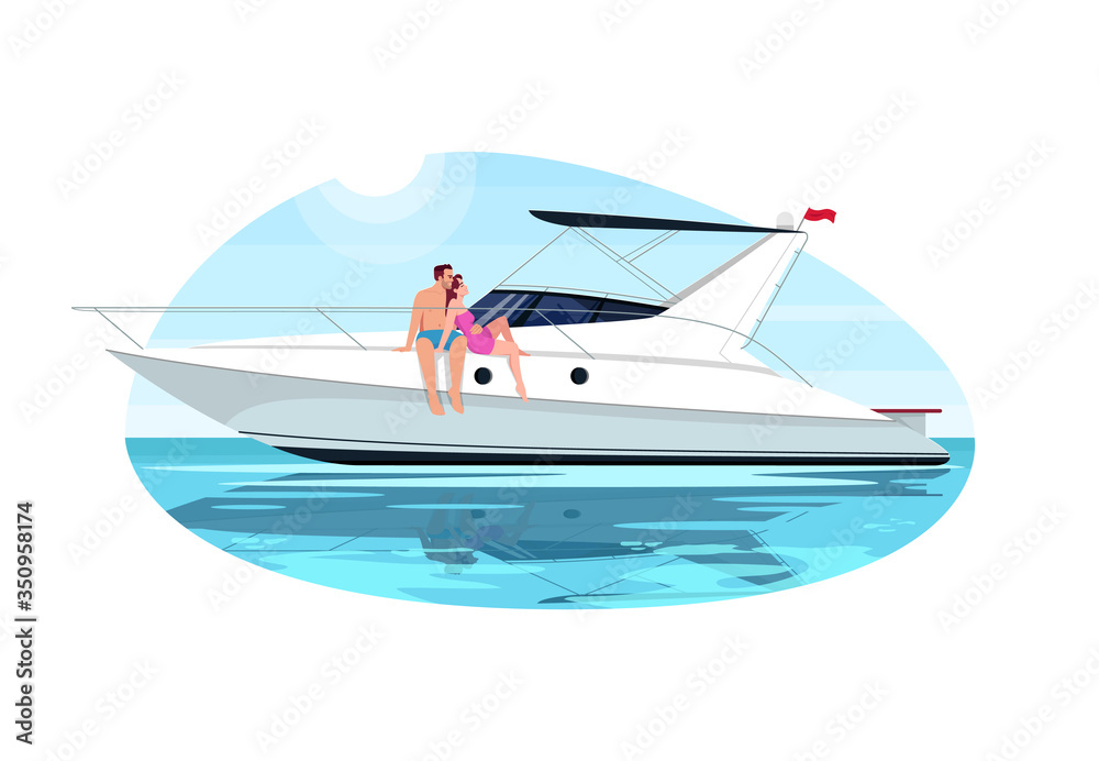 Couple on voyage semi flat vector illustration. People sail in ocean on private regatta. Man and woman relax on luxury boat. Summer recreation 2D cartoon characters for commercial use