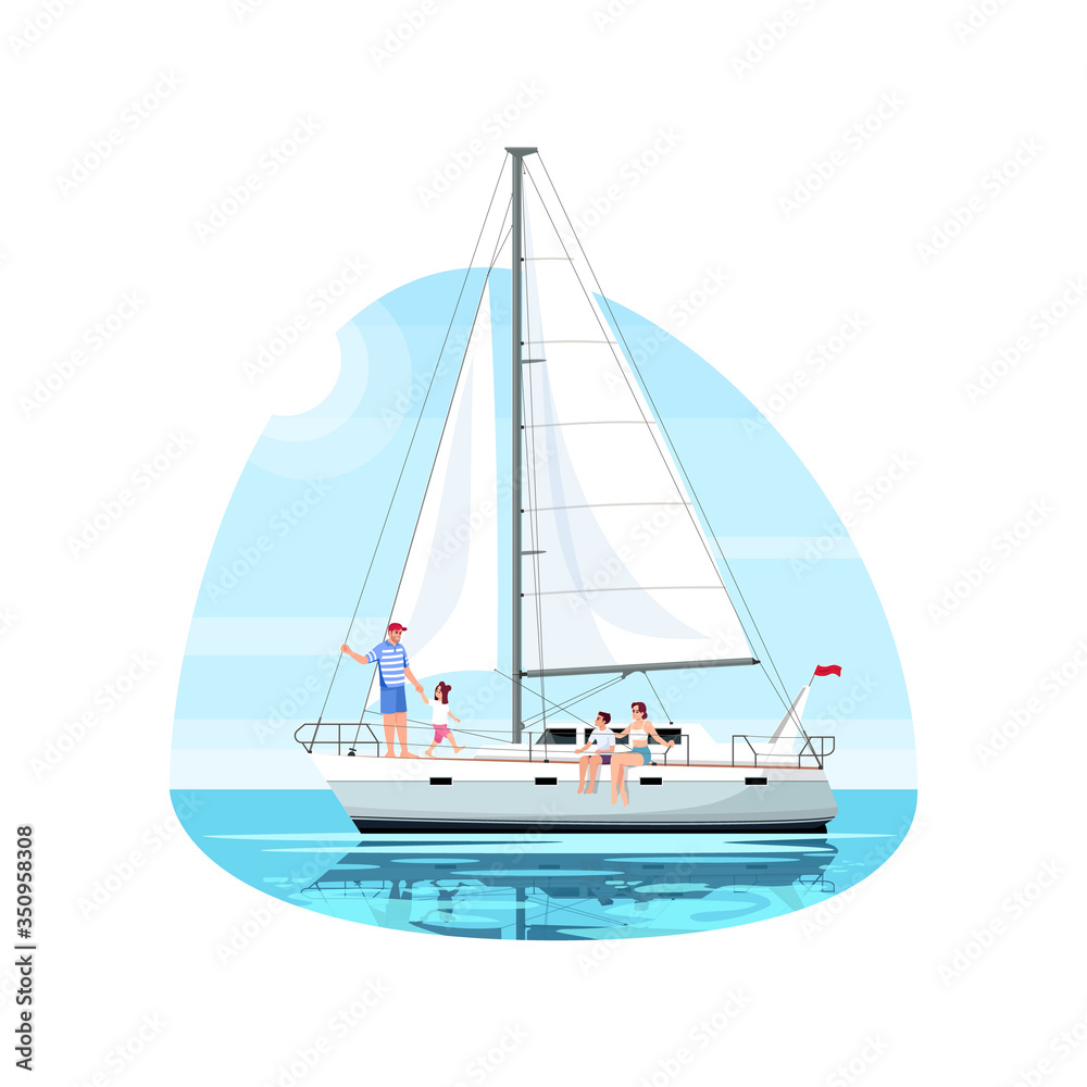 Family on regatta semi flat vector illustration. Man with daughter on boat. Mother with son on ship. Private yacht for voyage. Summer recreation 2D cartoon characters for commercial use