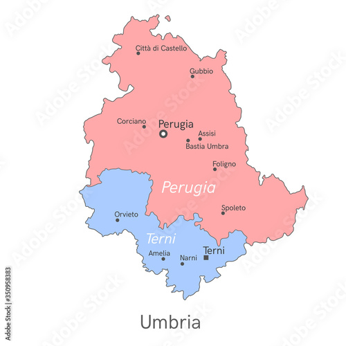 Vector illustration: administrative map of Umbria with the borders of the provinces. Names of cities, regions and communes of Umbria