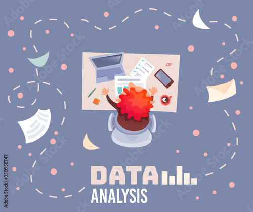 Office table topview of red-haired man working in office, analyses data document. Cup of coffee, laptop, smartphone are on table. Data analysis. Workspace with workplace for business analytics process