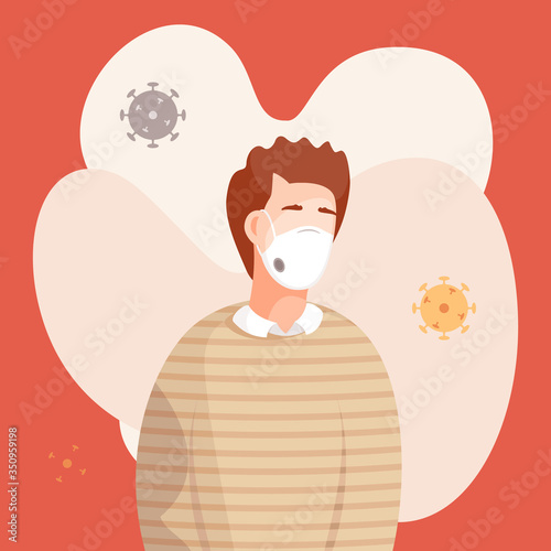 Cartoon icon, portrait of young man in respiratory mask with flying virus pathogen around. Stop virus spreading concept. Web poster or banner in vector style with cartoon character. Viral epidemic