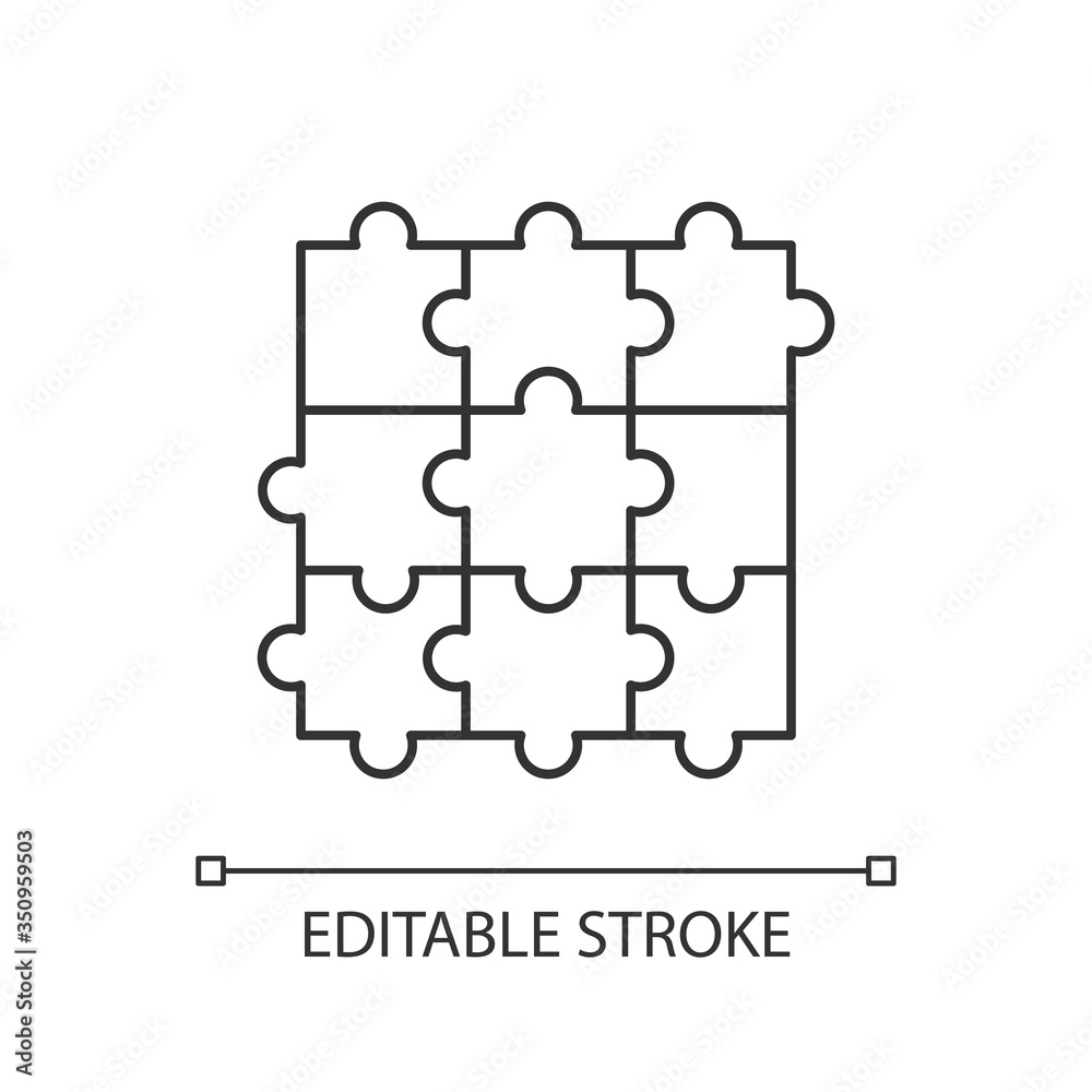 Jigsaw puzzle pixel perfect linear icon. Traditional intellectual pastime thin line customizable illustration. Contour symbol. Combined puzzle pieces vector isolated outline drawing. Editable stroke Jigsaw puzzle pixel perfect linear icon. Traditional intellectual pastime thin line customizable illustration. Contour symbol. Combined puzzle pieces vector isolated outline drawing. Editable stroke