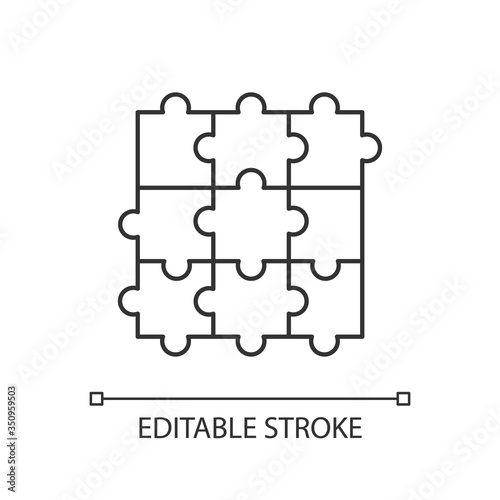 Jigsaw puzzle pixel perfect linear icon. Traditional intellectual pastime thin line customizable illustration. Contour symbol. Combined puzzle pieces vector isolated outline drawing. Editable stroke