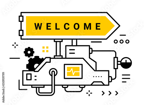 Vector industrial illustration of complicated mechanism with arrow and word welcome on white background.