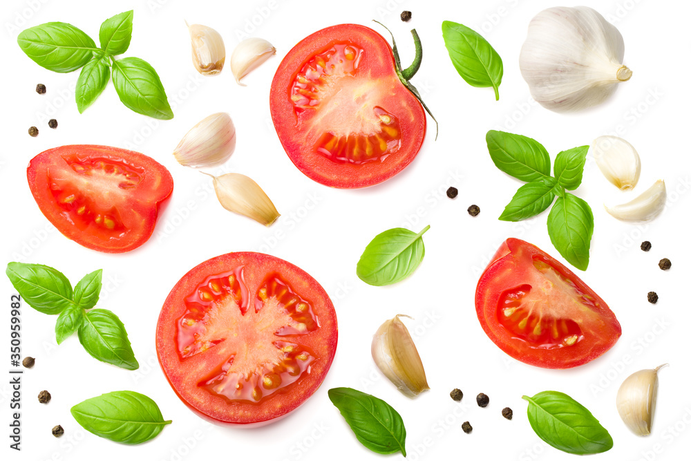 tomato slices with garlic and basil isolated on white background, top view - obrazy, fototapety, plakaty 