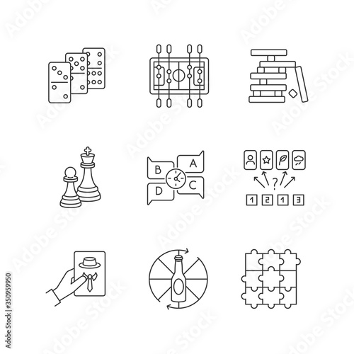 Party games pixel perfect linear icons set. Recreation activities customizable thin line contour symbols. Competitive and educational games. Isolated vector outline illustrations. Editable stroke