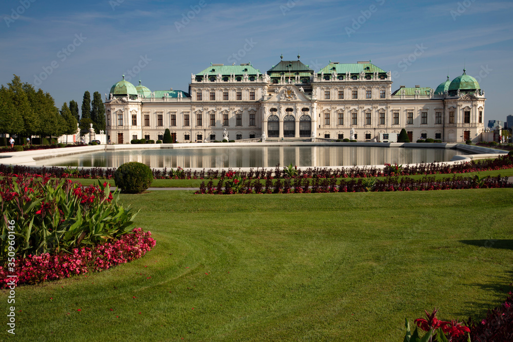 A large reflecting pool outside the entrance to the Belvedere Palace outside the center of Vienna, Austria