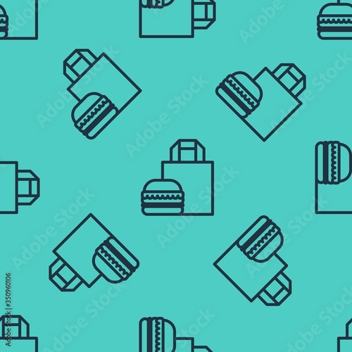 Black line Online ordering and burger delivery icon isolated seamless pattern on green background