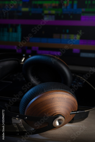 Hi-Fi headphones and computer in a home-studio audio recording and producing (ID: 350960772)