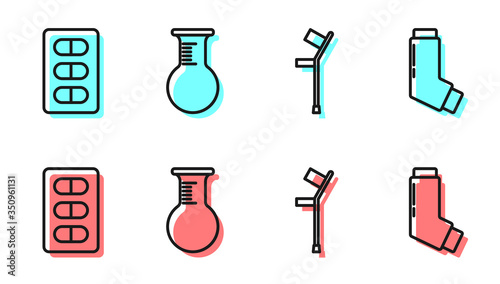 Set line Crutch or crutches, Pills in blister pack, Test tube and flask and Inhaler icon