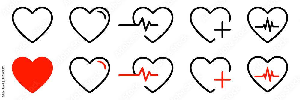Heart icons isolated vector signs. Collection of vector heartbeats signs or linear icons. Cardiogram heart concept. EPS 10