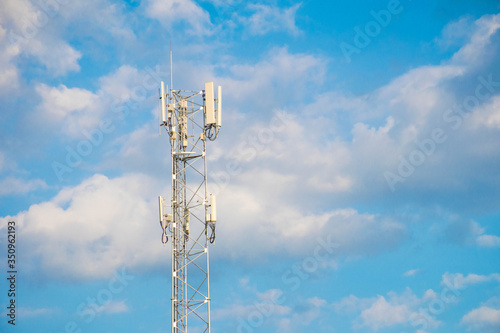 Telecommunication tower of 4G and 5G cellular. Antenna transmission communication. Cell phone signal base station.