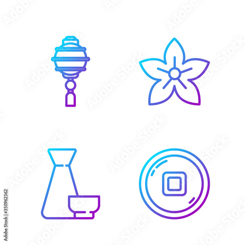 Set line Chinese Yuan currency, Chinese tea ceremony, Chinese paper lantern and Lotus flower. Gradient color icons