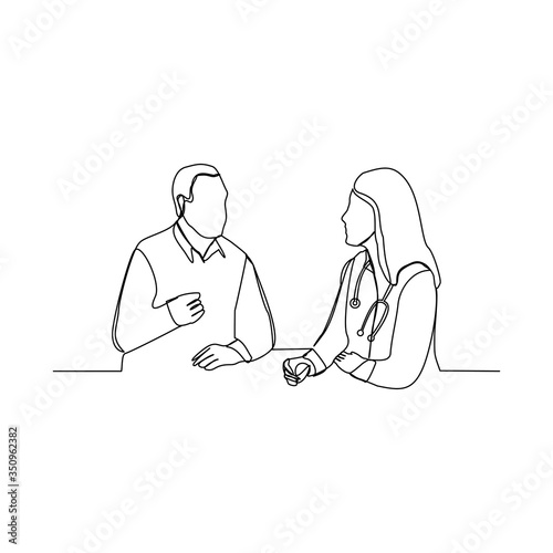 Continuous line drawing of doctor talk and consulting patient. vector illustration