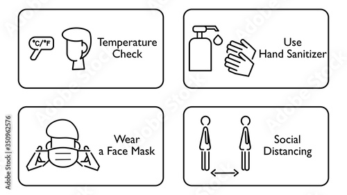 COVID -19 protection policies : Temperature check, use hand sanitizer, wear a face mask, social distancing. Suit for sign in reopen restaurants, store, office etc. Line icon. Vector illustration.